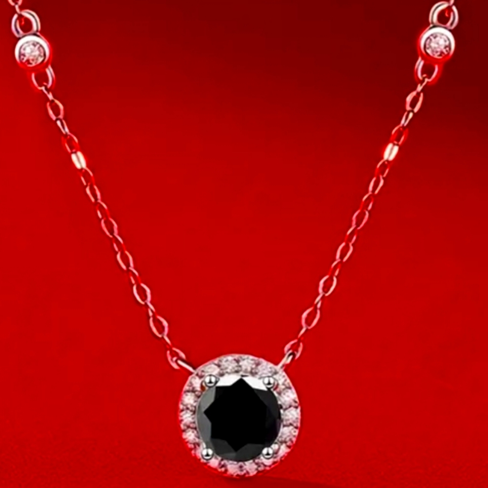 Certified 1 Ct Black Moissanite 925 S.Silver Platinium Plated Necklace.